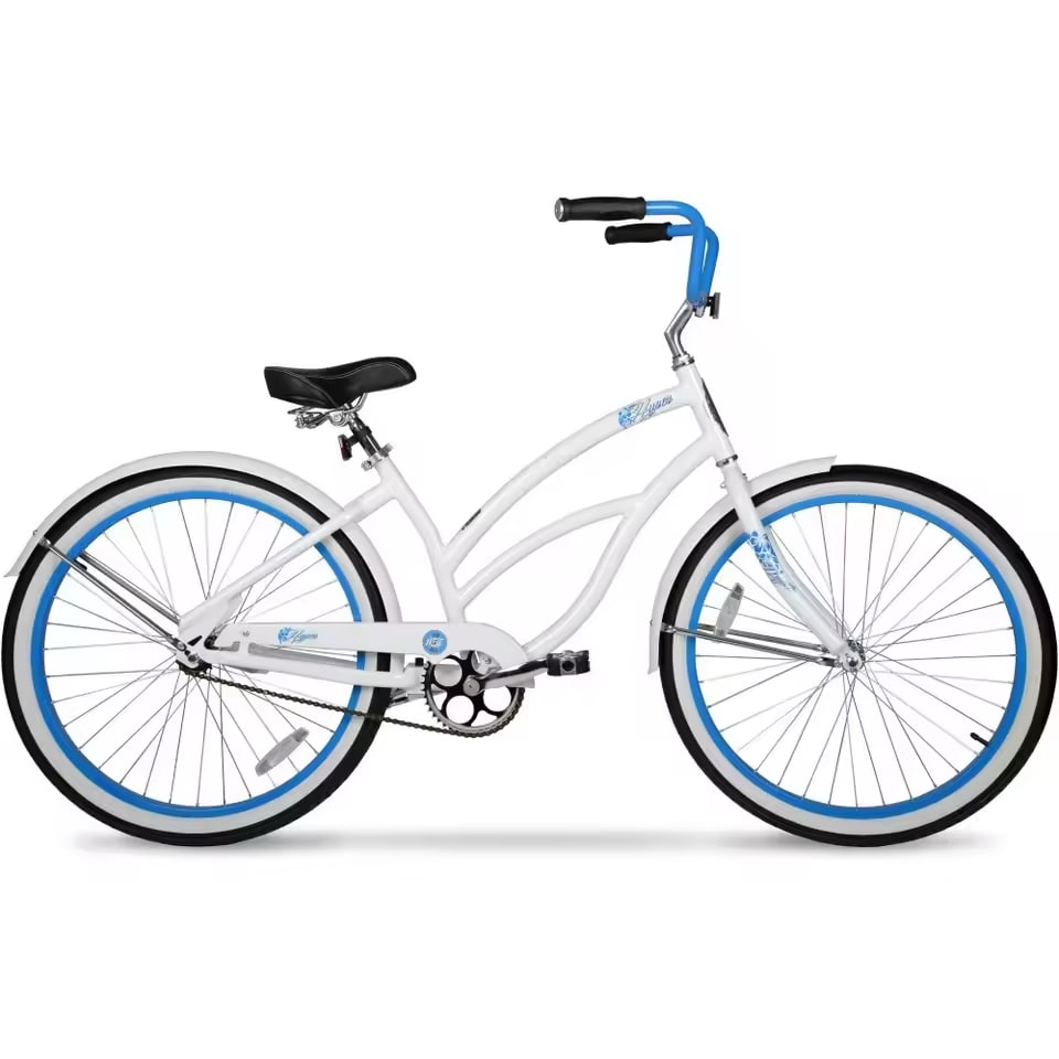 26" Bicycle Women's Beach Cruiser, Adults Age 13+, White with Blue Rim