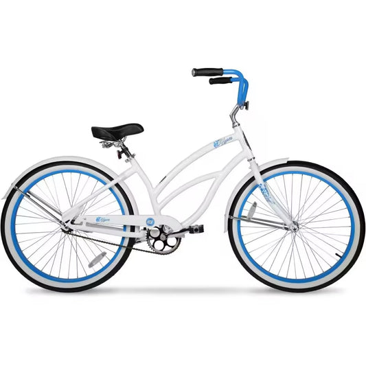 26" Bicycle Women's Beach Cruiser, Adults Age 13+, White with Blue Rim