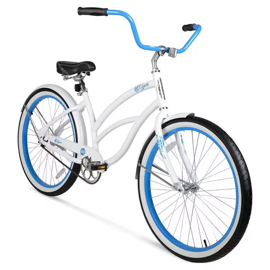 26" Bicycle Women's Beach Cruiser, Adults Age 13+, White with Blue Rim